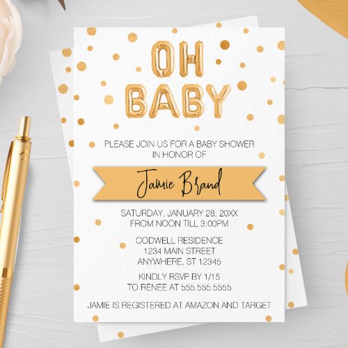 Oh Baby Gold Foil Balloon Baby Shower Invitation