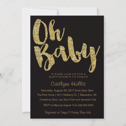Oh Baby Gold Glitter and foil on black Baby Shower Invitation