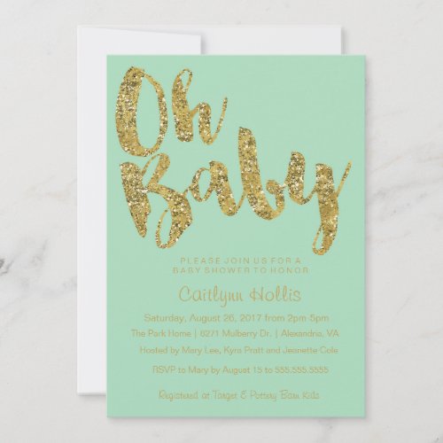 Oh Baby Gold Glitter and foil on mint Baby Shower Invitation