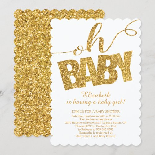 Oh Baby!  Gold Glitter Baby Shower Invitation 5" X 7" Invitation Card