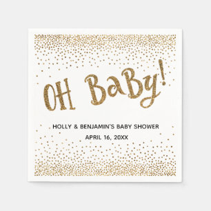 "Oh Baby!" Gold Glitter Confetti, Names & Date Napkins