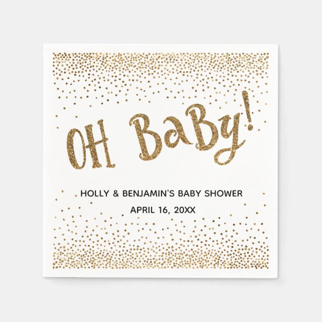 "Oh Baby!" Gold Glitter Confetti, Names & Date Napkins (Front)