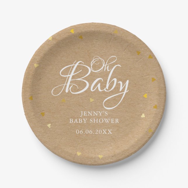 Oh Baby Gold Hearts Confetti Baby Shower/Sprinkle Paper Plates (Front)