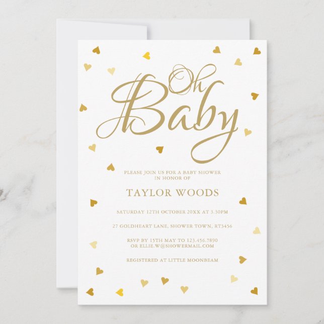 Oh Baby Gold Love Hearts Baby Shower / Sprinkle Invitation (Front)