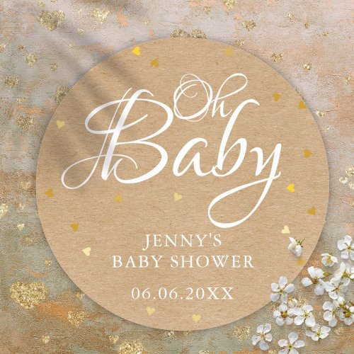 Oh Baby Gold Love Hearts Rustic Kraft Baby Shower Classic Round Sticker