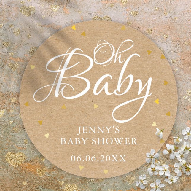Oh Baby Gold Love Hearts Rustic Kraft Baby Shower Classic Round Sticker (Oh Baby Gold Love Hearts Rustic Kraft Baby Shower Classic Round Sticker)