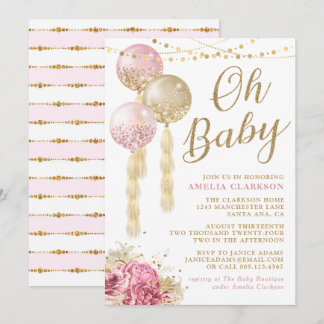 Oh Baby Gold & Pink Balloons Baby Shower Invitation