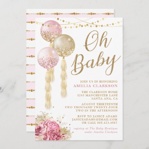 Oh Baby Gold  Pink Balloons Baby Shower Invitation