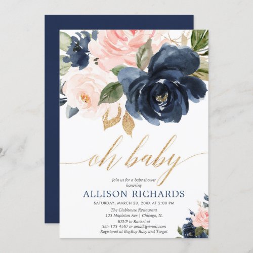 Oh baby gold pink navy floral girl baby shower invitation