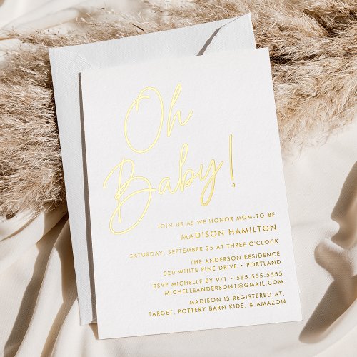 Oh Baby Gold Script Baby Shower Foil Invitation