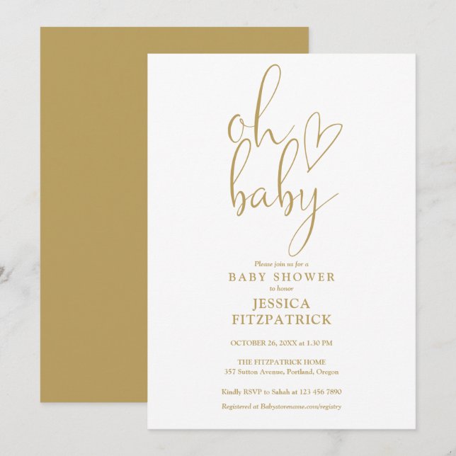 Oh Baby Gold Script Heart Baby Shower Invitation (Front/Back)