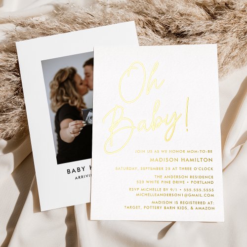 Oh Baby Gold Script Photo Baby Shower Foil Invitation