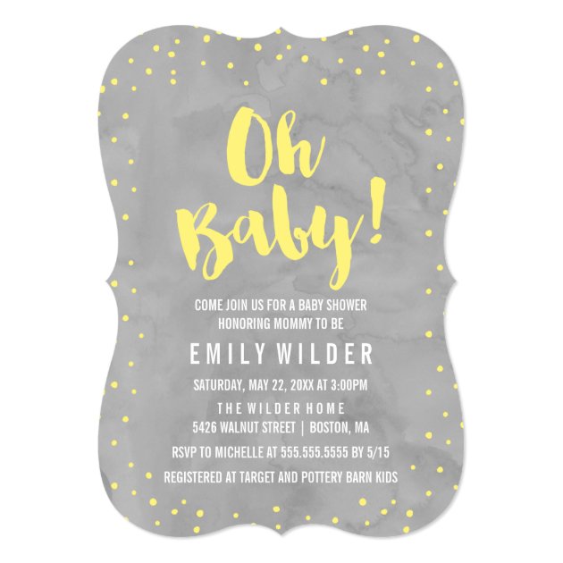 Oh Baby Gray And Yellow Watercolor Baby Shower Invitation