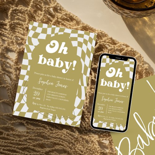 Oh Baby Green Checkered  Gingham  baby shower Invitation
