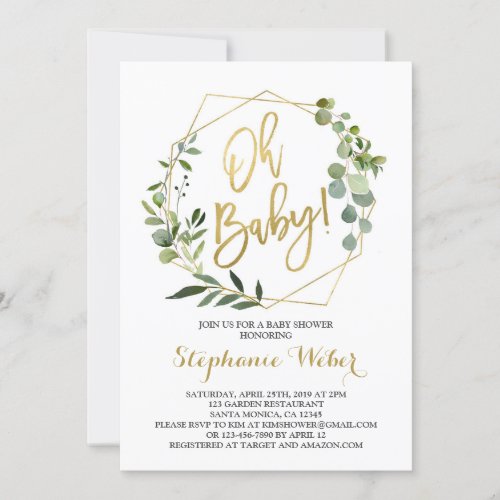 Oh Baby greenery and gold baby shower Invitation