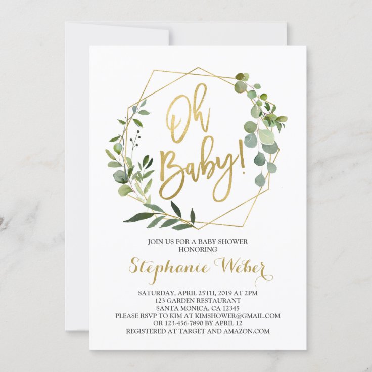 Oh Baby greenery and gold baby shower Invitation | Zazzle