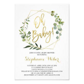 Oh Baby greenery and gold baby shower Invitation