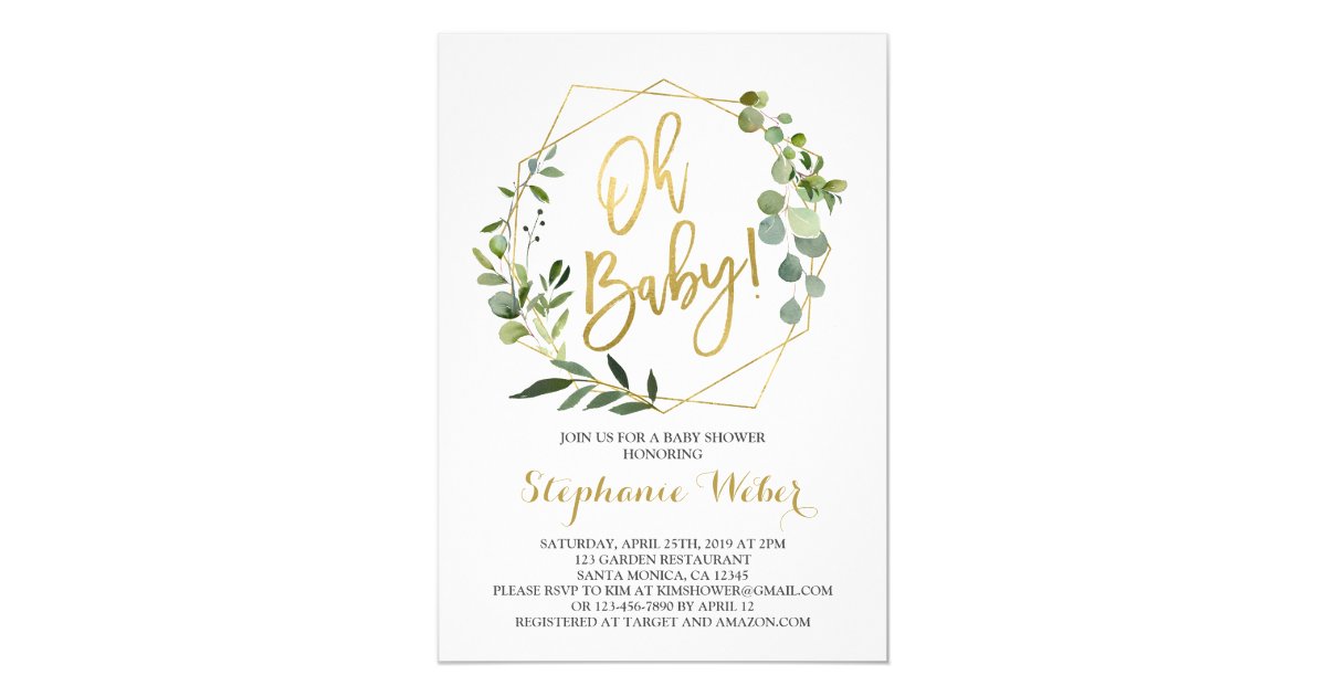 Oh Baby greenery and gold baby shower Invitation