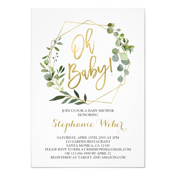 oh baby greenery and gold baby shower invitation  zazzle