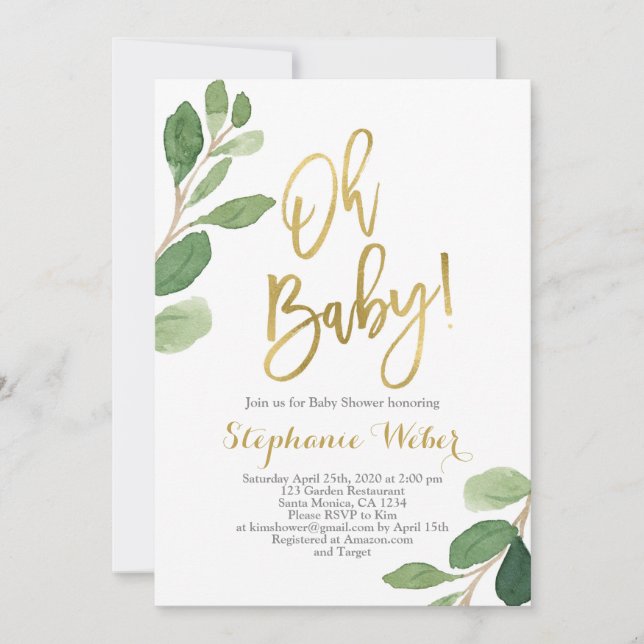 Oh Baby greenery and gold baby shower Invitation (Front)