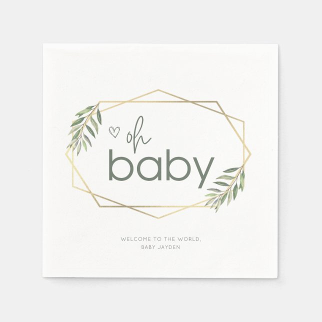 Oh Baby Greenery and Gold Baby Shower Napkins (Front)