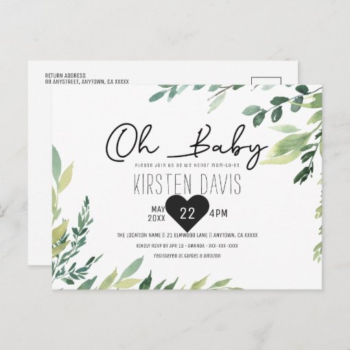 Oh Baby Greenery Baby Shower Gender Neutral Postcard Zazzle