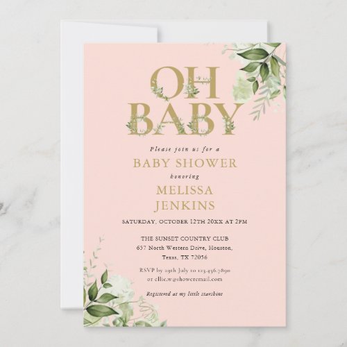 Oh Baby Greenery Blush Pink Gold Baby Shower Invitation