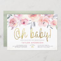 Oh Baby Greenery Blush Pink Roses Girl Baby Shower Invitation