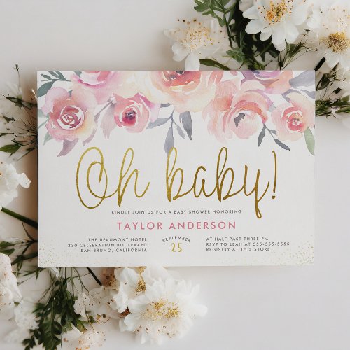 Oh Baby Greenery Blush Pink Roses Girl Baby Shower Invitation