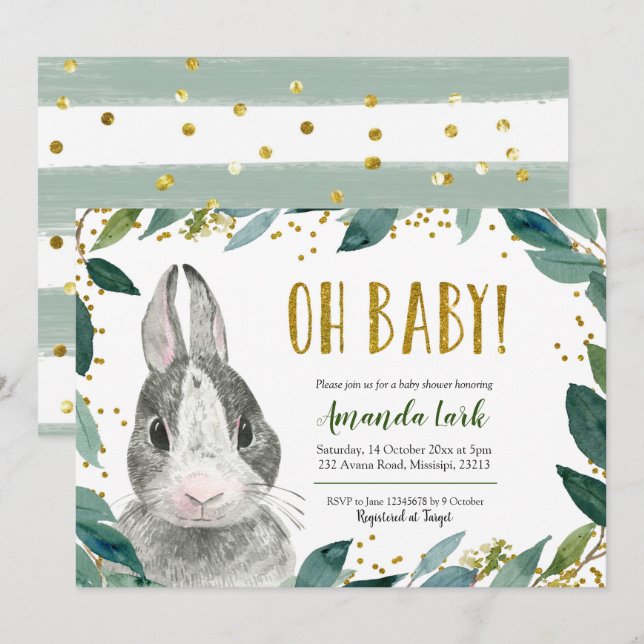 Oh Baby Greenery Bunny Baby Shower Invitation (Front/Back)