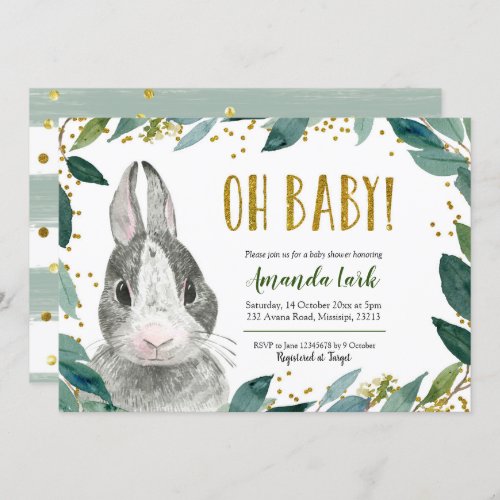 Oh Baby Greenery Bunny Baby Shower Invitation