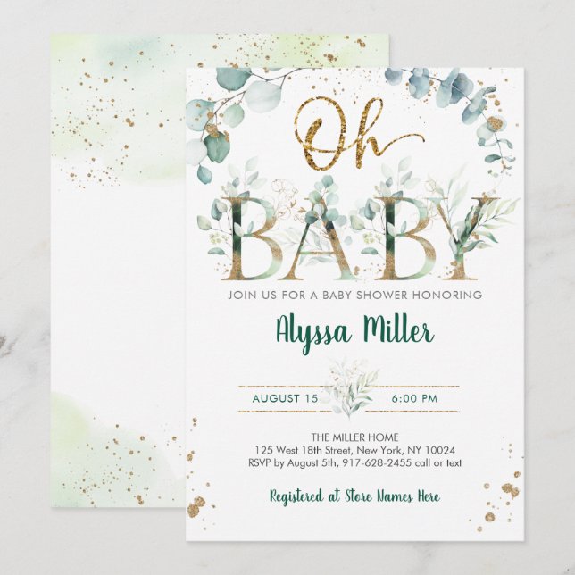 Oh Baby Greenery Eucalyptus Baby Shower Invitation (Front/Back)
