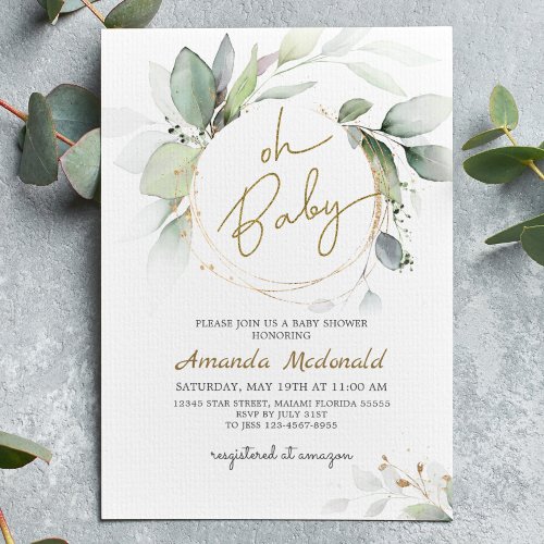 Oh Baby Greenery Gold Foliage Eucalyptus Invitatio Invitation