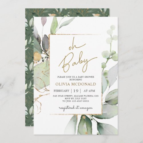 Oh Baby Greenery Gold Frame Eucalyptus Invitation