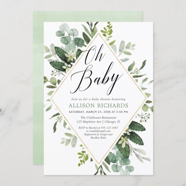 Oh baby Greenery gold gender neutral baby shower Invitation (Front/Back)