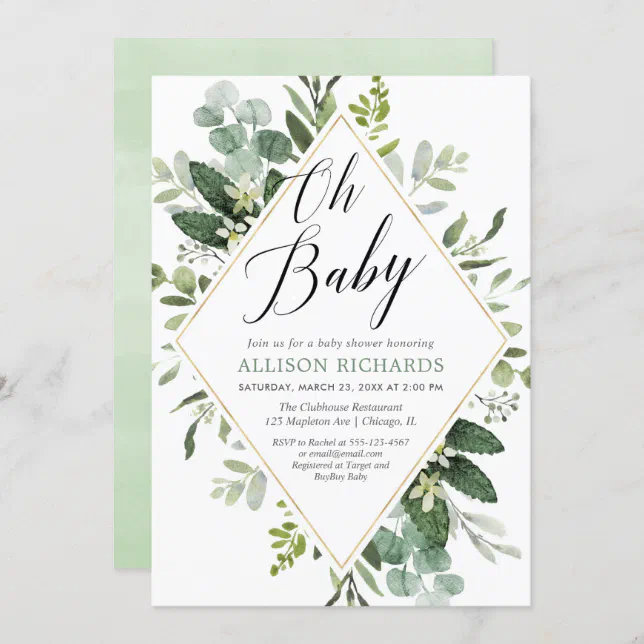 Oh baby Greenery gold gender neutral baby shower Invitation | Zazzle