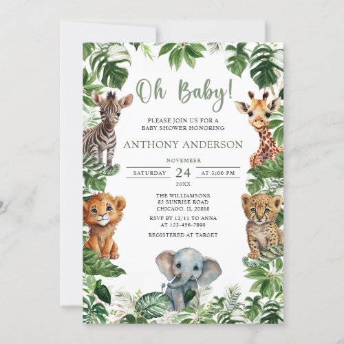 Oh Baby Greenery Jungle Safari Animals Baby Shower Invitation