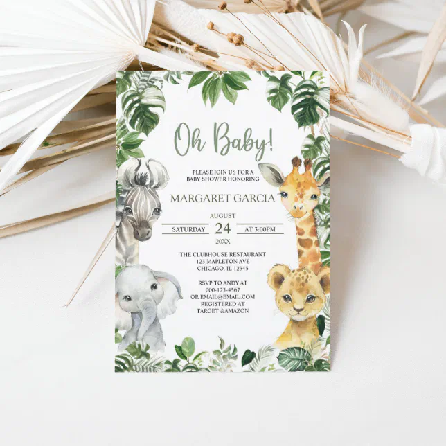 Oh Baby Greenery Jungle Safari Animals Baby Shower Invitation | Zazzle