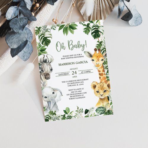 Oh Baby Greenery Jungle Safari Animals Baby Shower Invitation