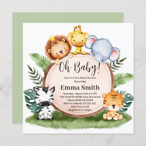 Oh Baby Greenery Jungle Safari Animals Baby Shower Invitation