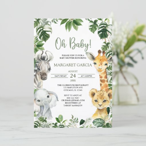 Oh Baby Greenery Jungle Safari Animals Baby Shower Invitation | Zazzle