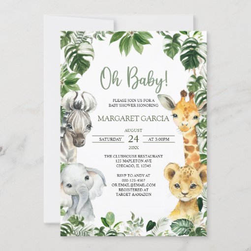 Oh Baby Greenery Jungle Safari Animals Baby Shower Invitation | Zazzle