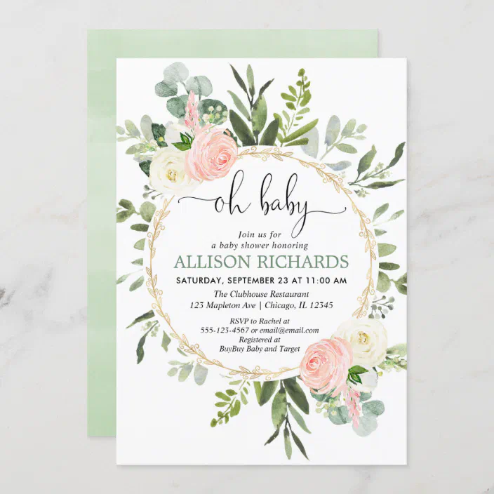 FLORAL BABY SHOWER PARTY INVITATION INVITE PERSONALISED GIRL BOY FLOWER GOLD 