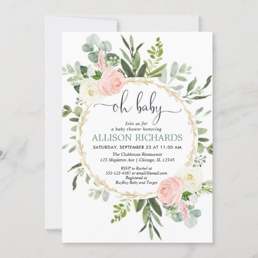 Oh baby greenery pink gold floral girl baby shower invitation | Zazzle