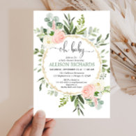 Oh baby greenery pink gold floral girl baby shower invitation