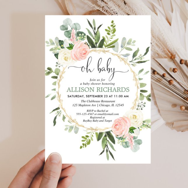 Oh baby greenery pink gold floral girl baby shower invitation (Creator Uploaded)