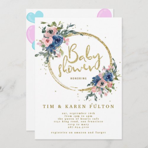 Oh baby greenery pink gold floral girl baby shower invitation