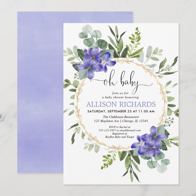 Oh baby greenery purple floral girl baby shower invitation (Front/Back)