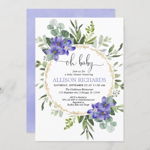 Oh baby greenery purple floral girl baby shower invitation