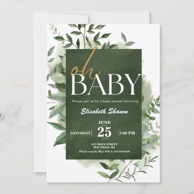 Oh Baby! Greenery Watercolor Baby Shower  Invitation (Front)
